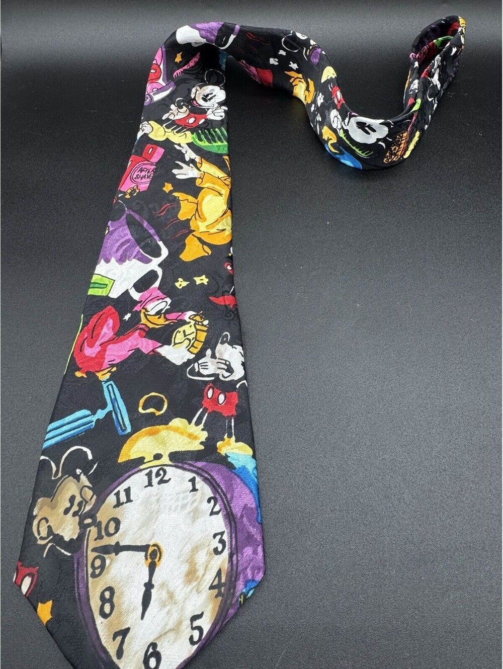 Vintage Disney Mickey Mouse Fantasia Handmade Silk Necktie Black Donald Duck
